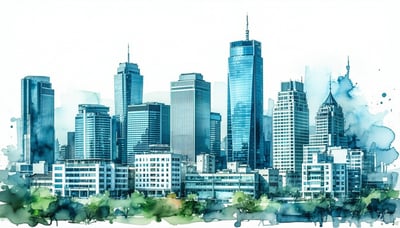 Illustration of a city skyline with various commercial buildings